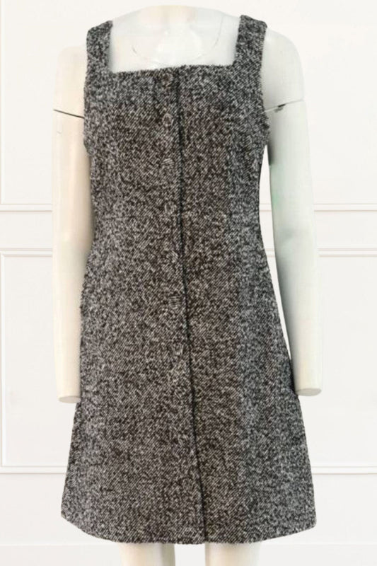 Madelaine Grey Tweed Sleeveless Apron Shift Dress Front Button Detail