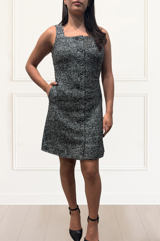 Madelaine Grey Tweed Sleeveless Apron Shift Dress Front Button Detail