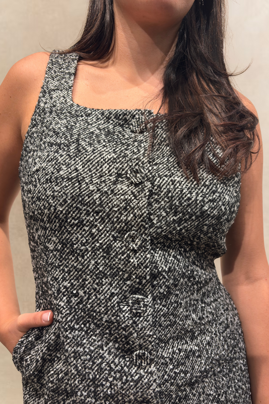 Madelaine Robe Tablier Tweed Chic Sans Manches Boutonnés