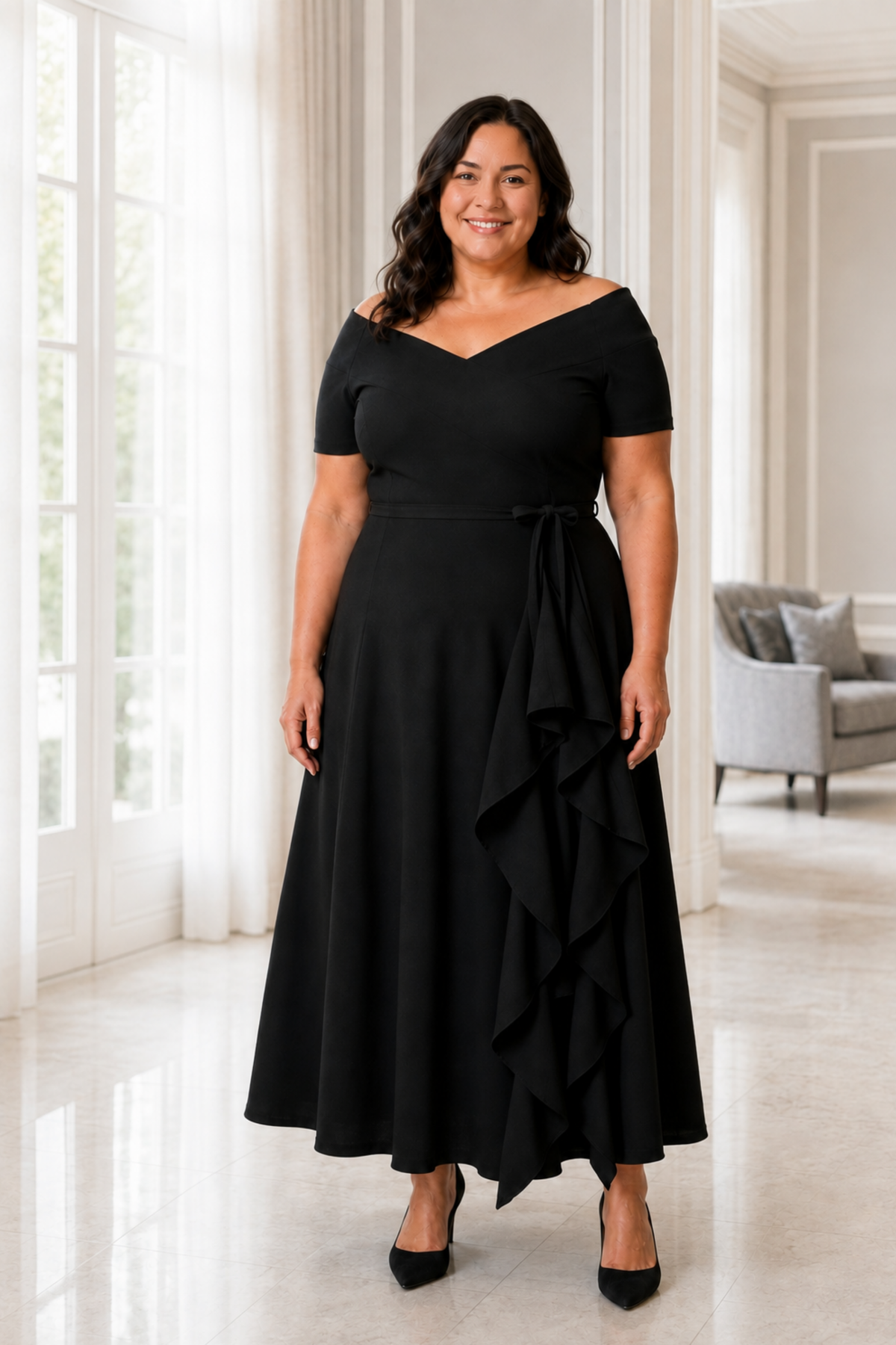 Robe longue noire extensible à volant Malia