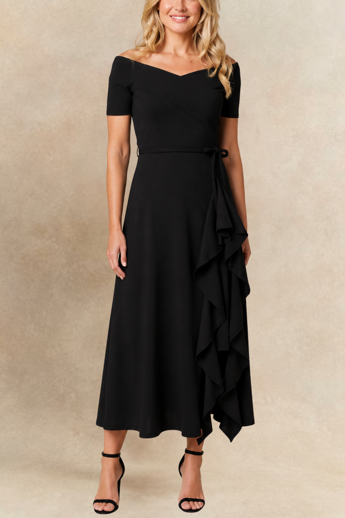 Robe longue noire extensible à volant Malia