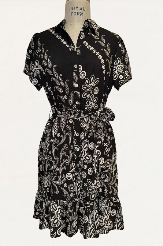 Margaux Short Shirt Dress Black White Print Belted Ruffle Hem