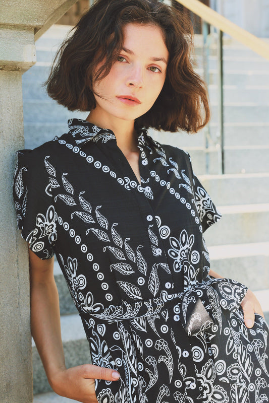 Margaux Short Shirt Dress Black White Print Belted Ruffle Hem