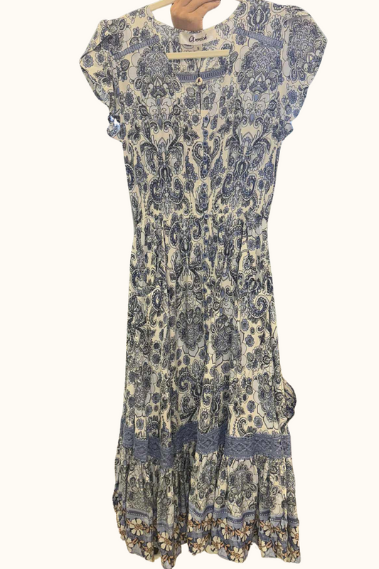 Martine Boho V-Neck Midi Dress Button Front Short Sleeve Pockets