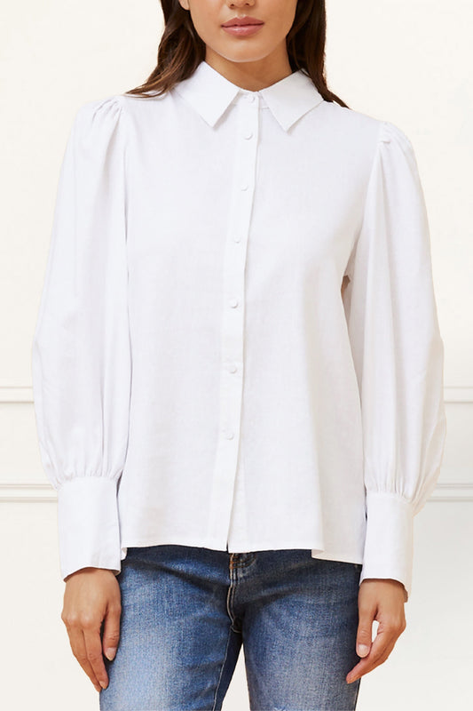 Maxine Quality Linen Blend Shirt Long Lantern Sleeves - Onze Montreal White / XS Annick