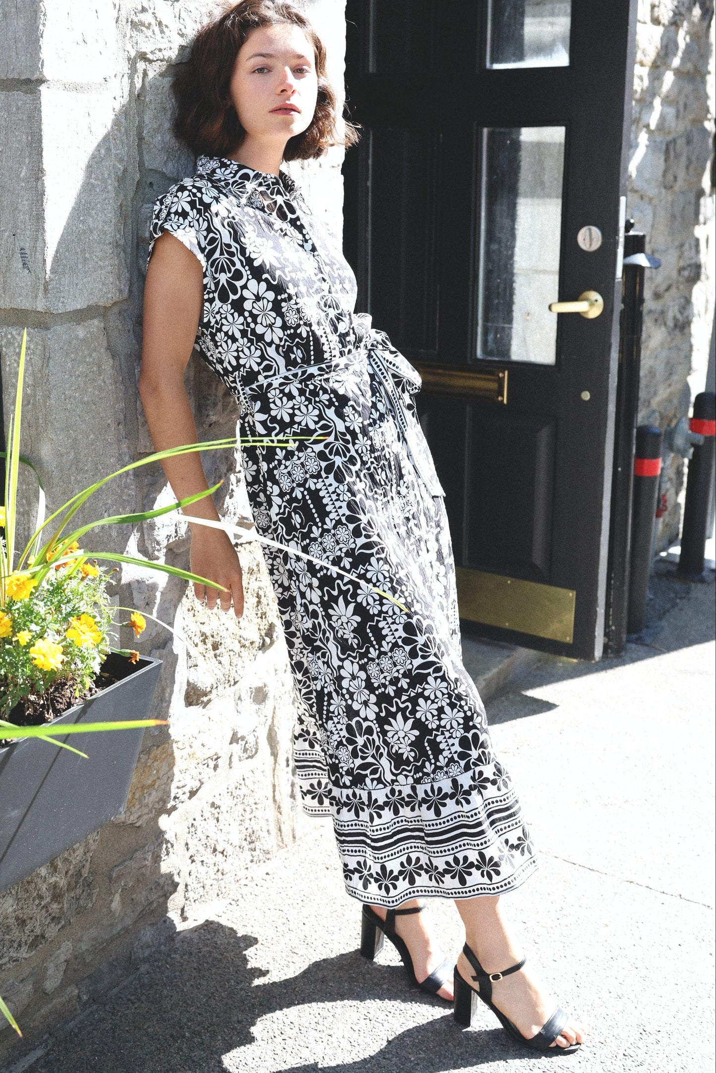 Melodie Black White Floral Midi  Dress