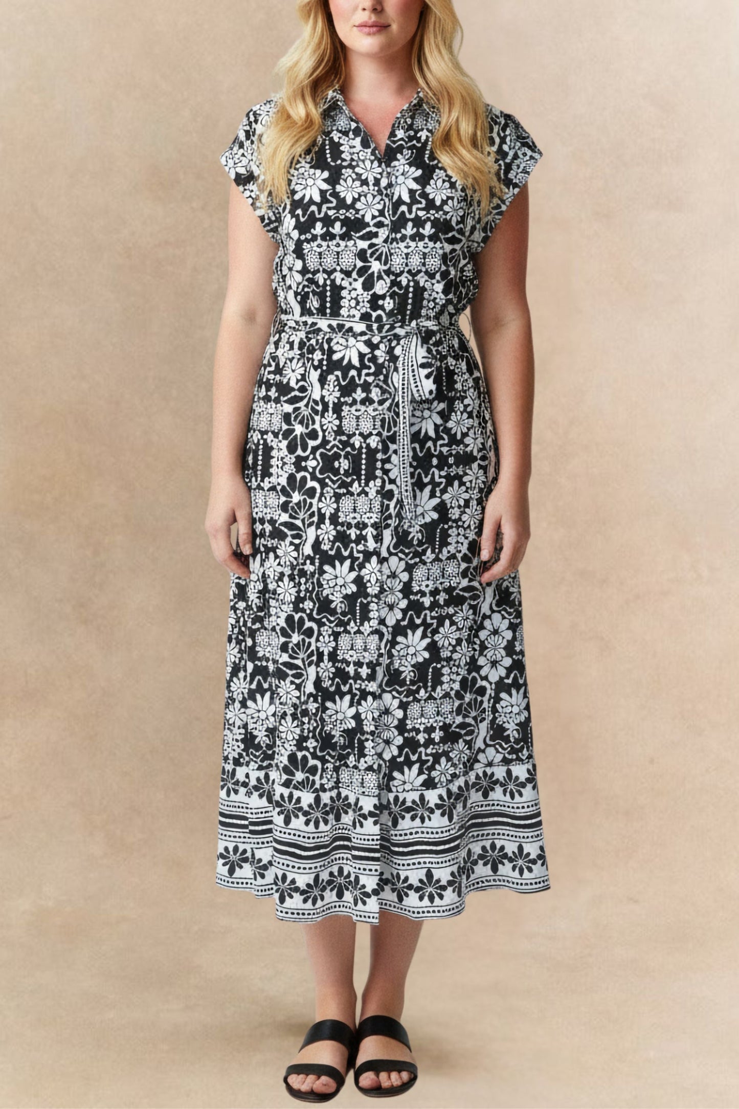 Melodie Black White Floral Midi  Dress