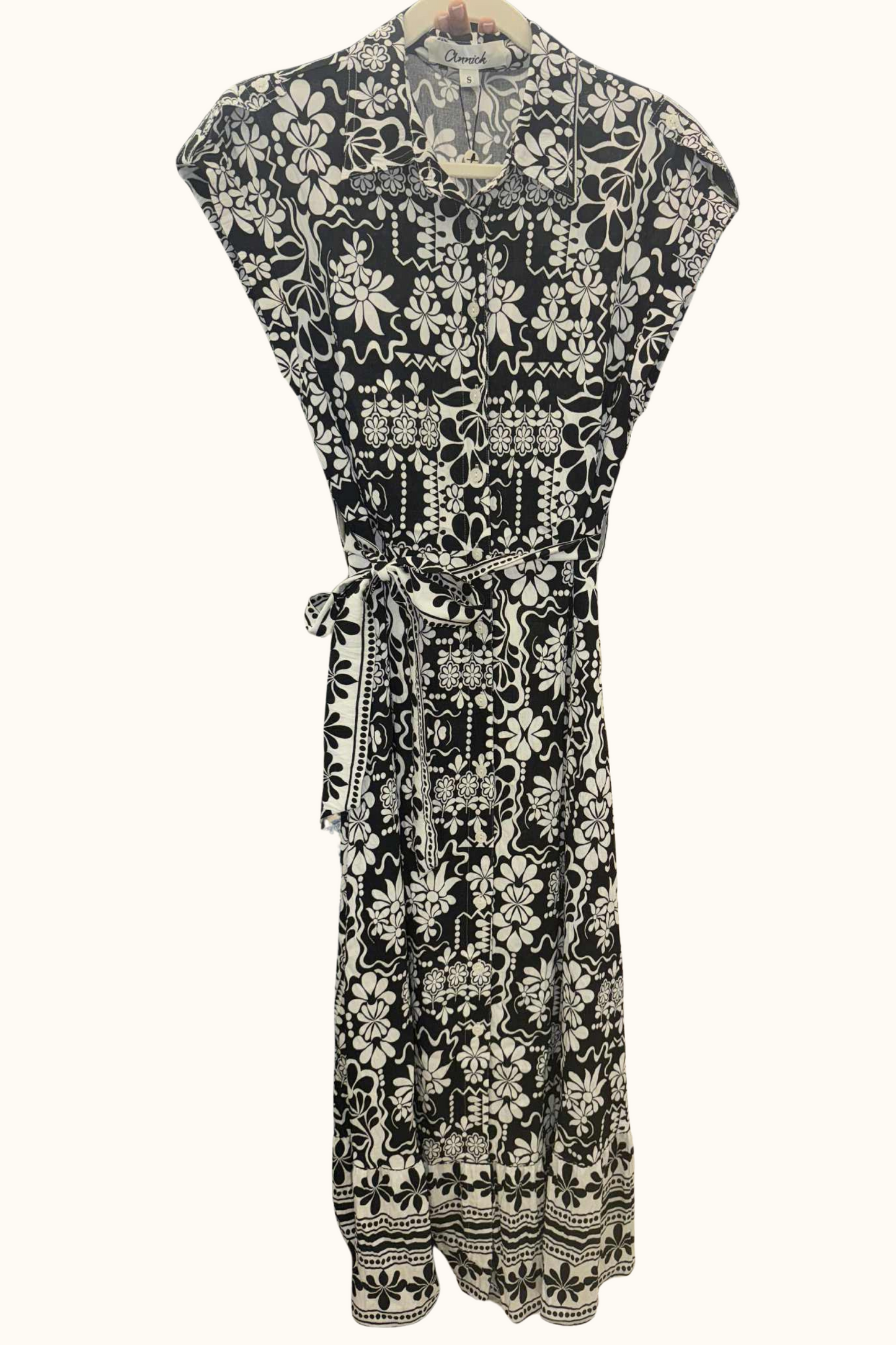 Melodie Black White Floral Midi Shirt Dress Belted Cap Sleeves