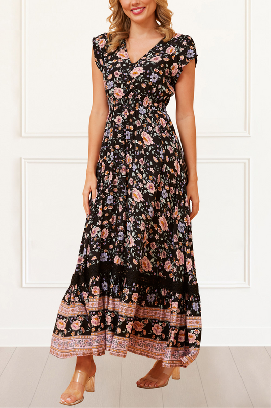 Michelle Black Floral Maxi Dress Smocked Waist Boho Border Print
