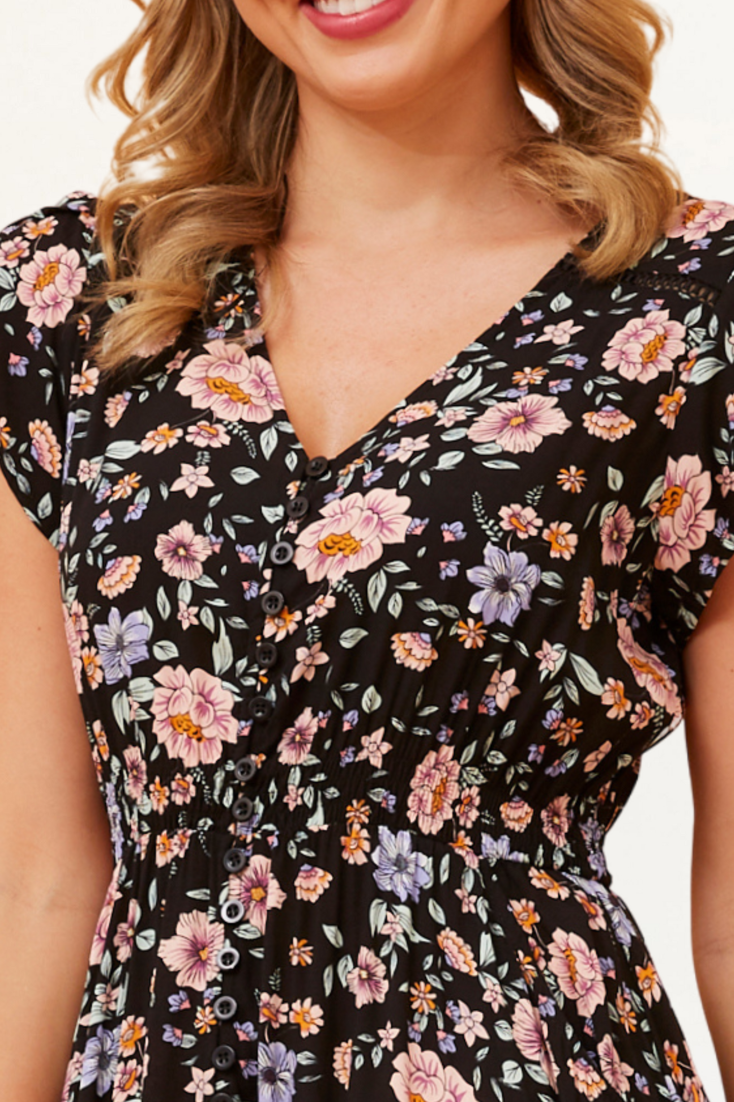 Michelle Black Floral Maxi Dress Smocked Waist Boho Border Print