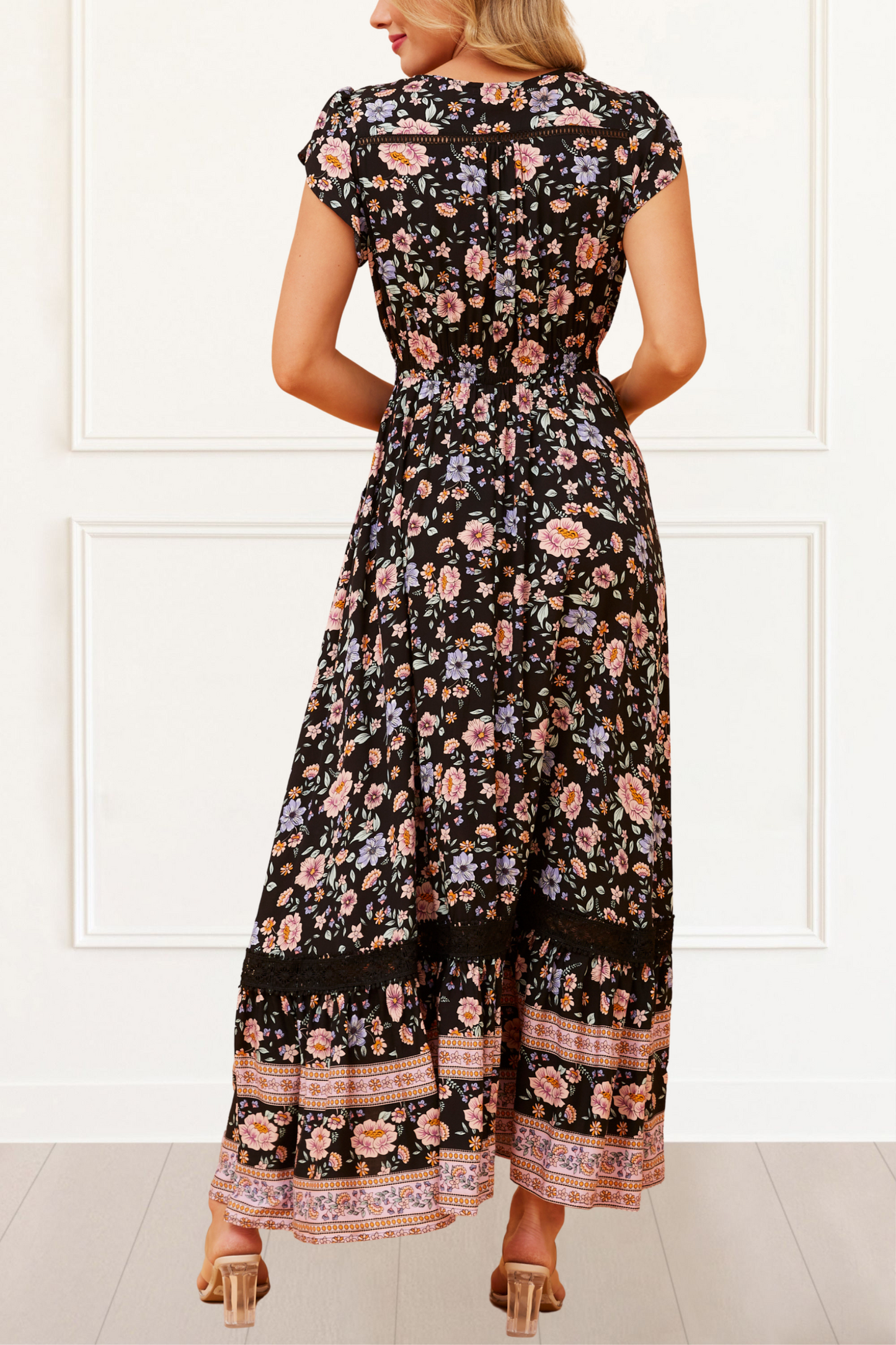 Michelle Black Floral Maxi Dress Smocked Waist Boho Border Print