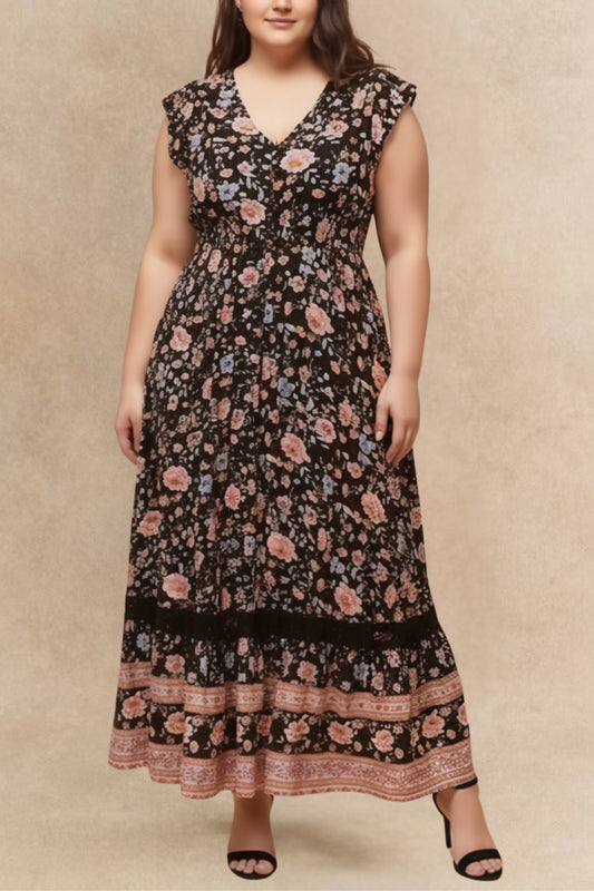 Michelle Black Floral Maxi Dress Smocked Waist Boho Border Print