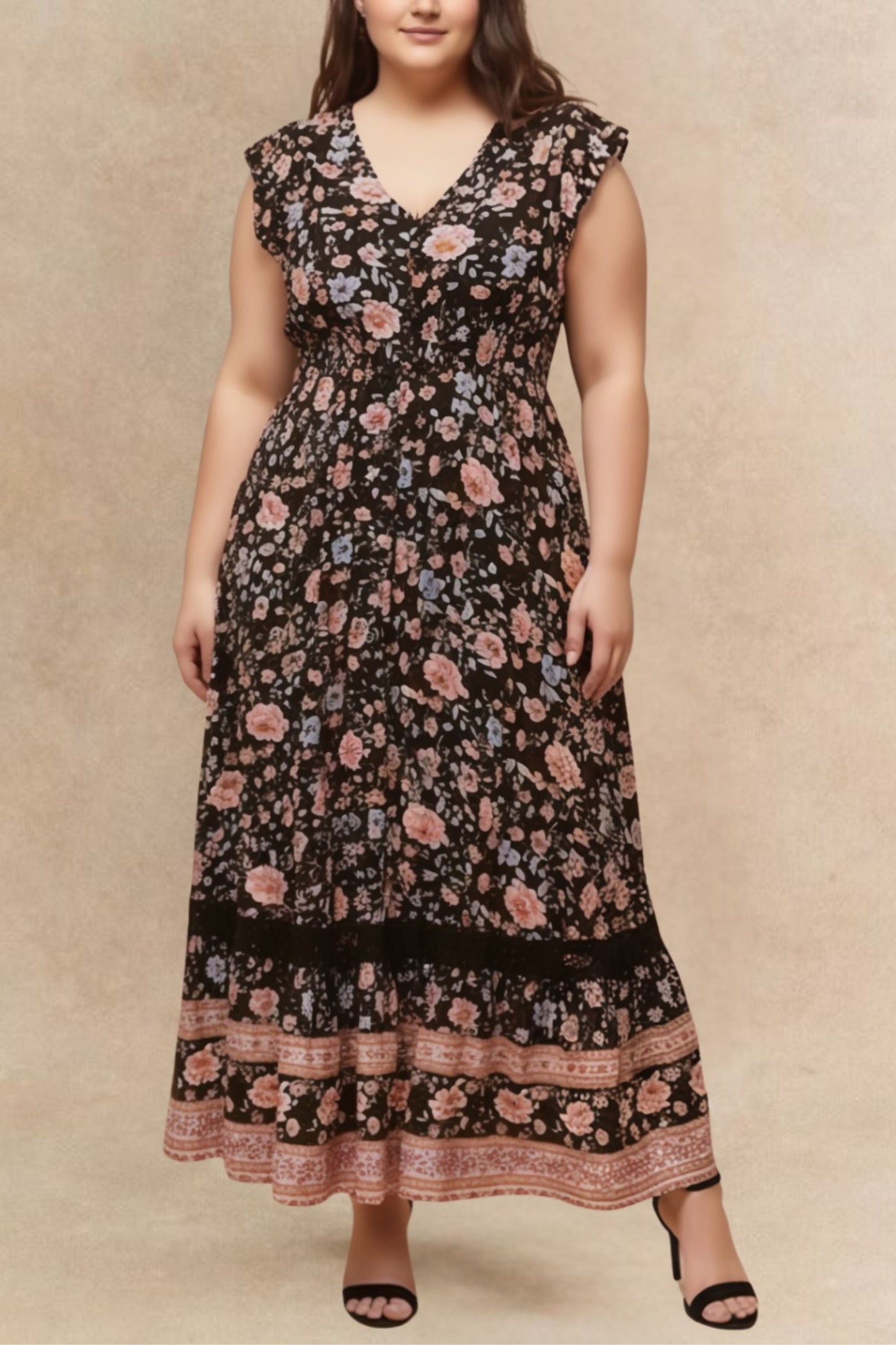 Michelle Floral Maxi Dess V-Neck Cap Sleeves
