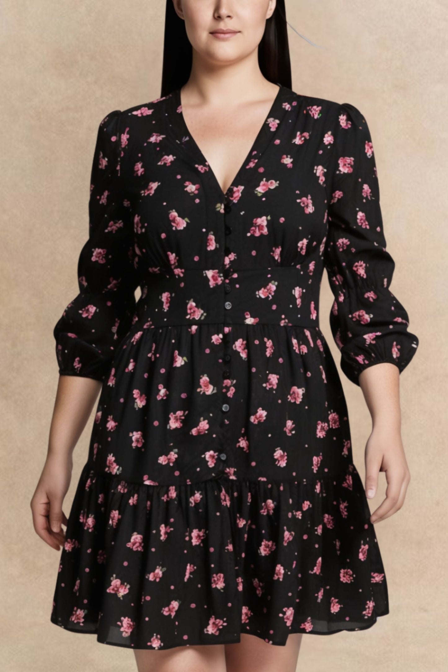 PRE-ORDER-Mila Black Dress Pink Floral Print Button Front Long Sleeves
