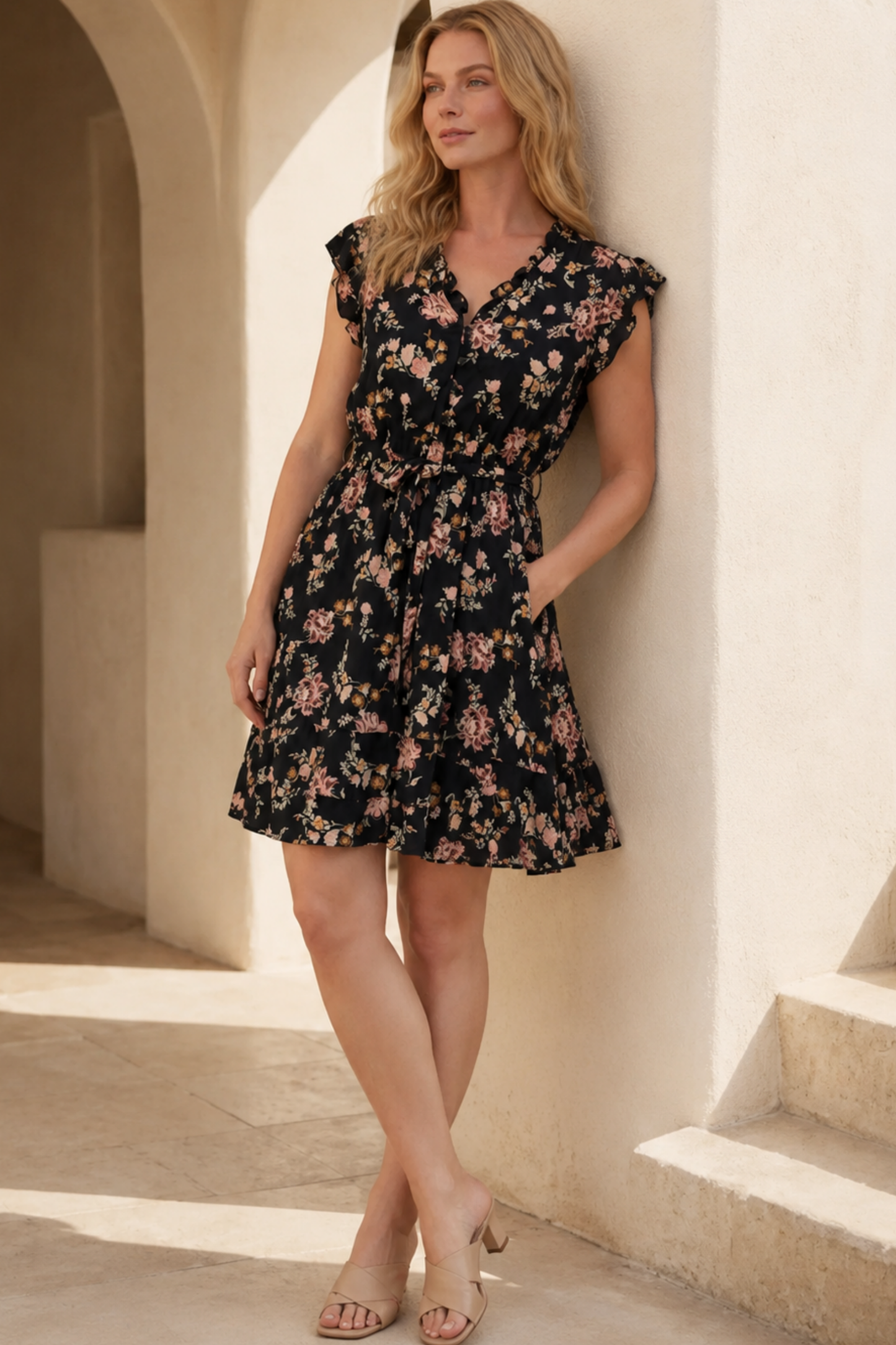 Natasha Short Floral Dress Pockets Belted Ruffle Trim