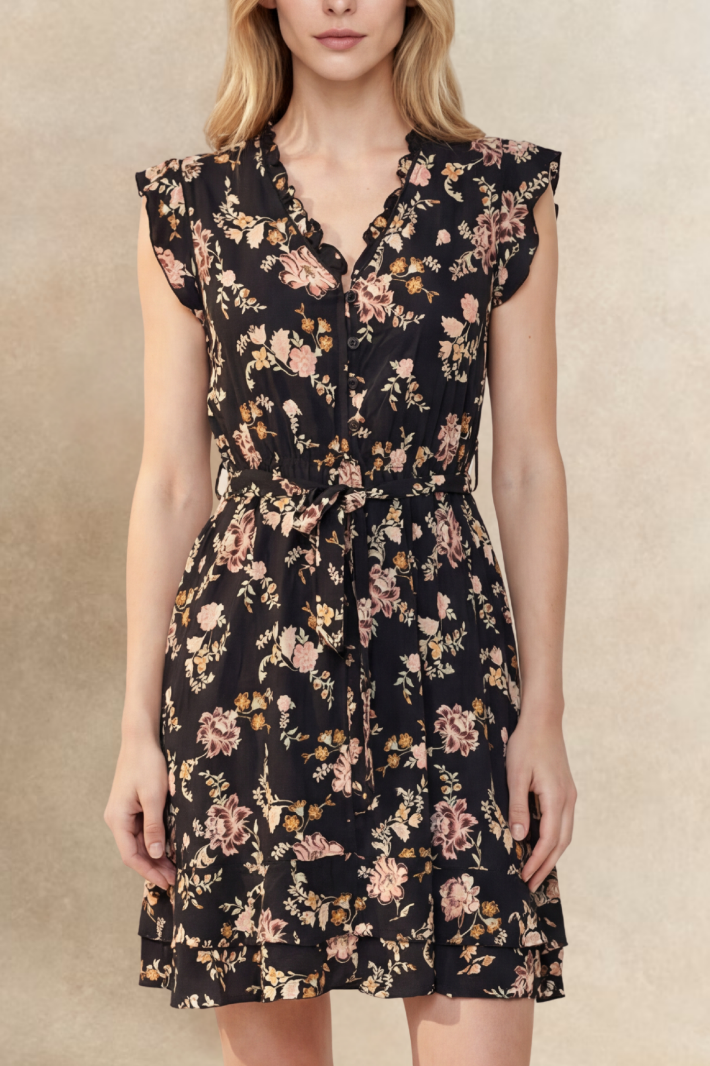 Natasha Short Floral Dress Pockets Belted Ruffle Trim