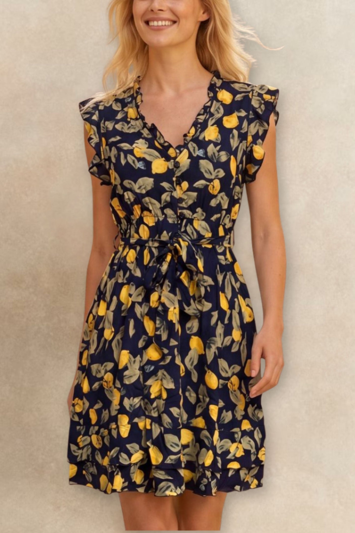 Natasha Lemon Print Short Dress Pockets