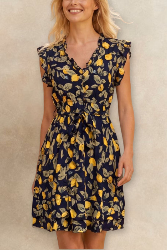 Natasha Lemon Print Short Dress Pockets