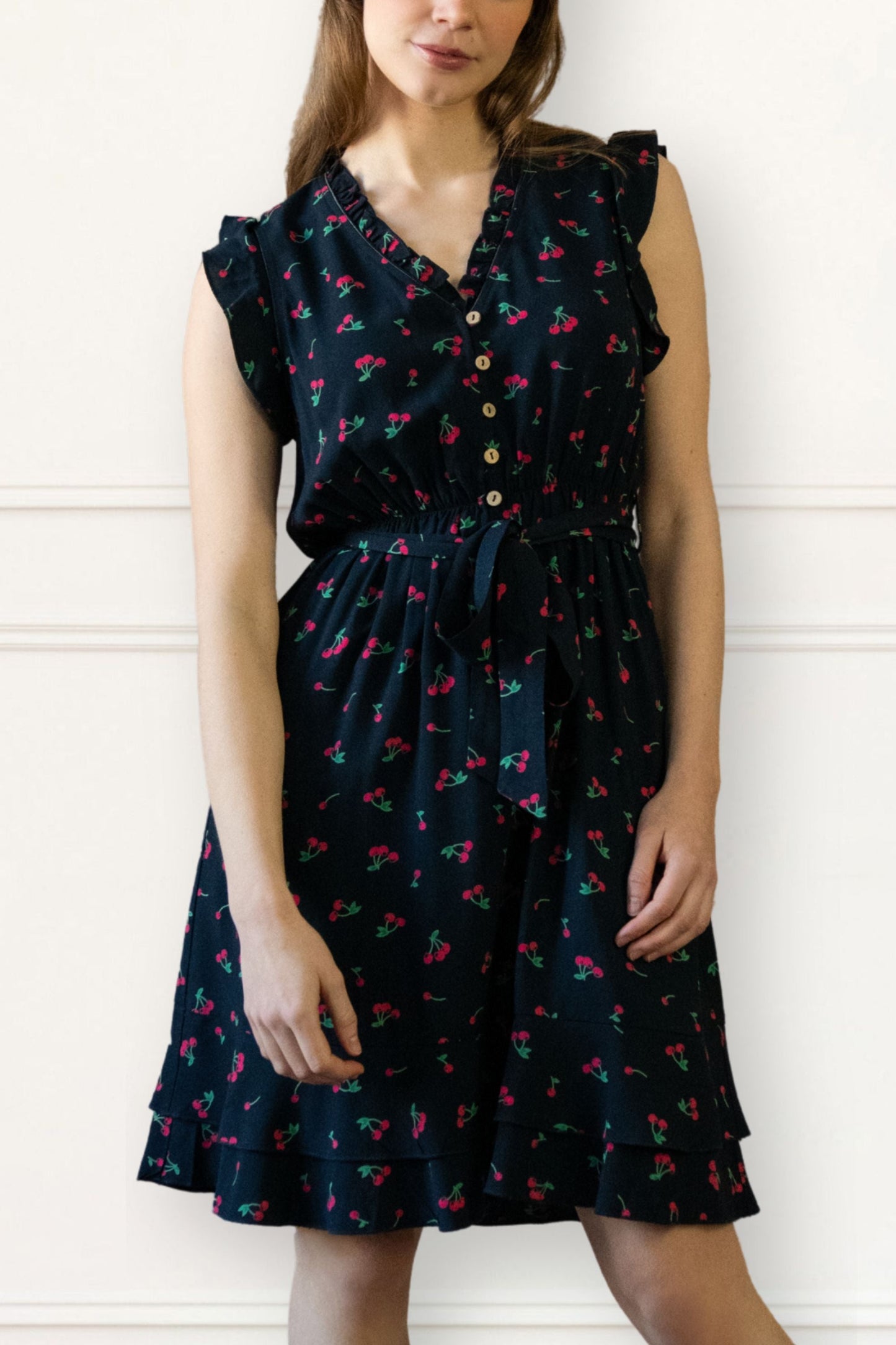 Natasha Cherry Print Short Dress Self Belt Pockets Ruffle Trim