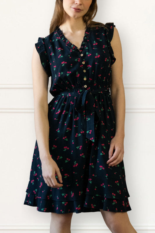 Natasha Cherry Print Short Dress Self Belt Pockets Ruffle Trim