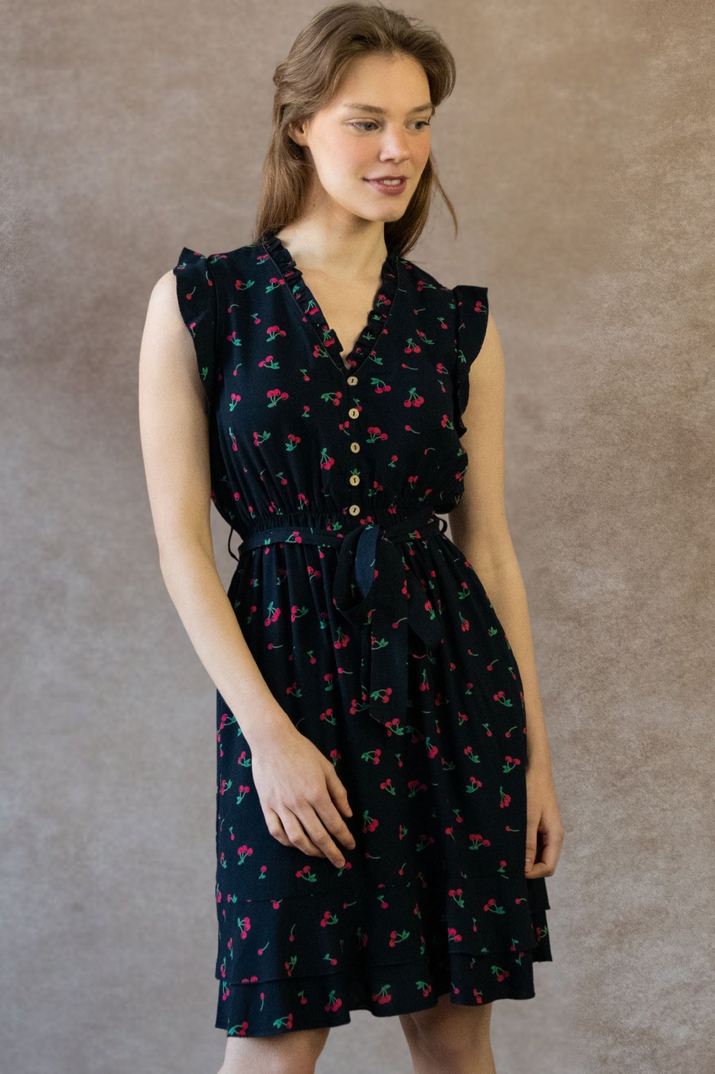 Natasha Cherry Print Short Dress Self Belt Pockets Ruffle Trim