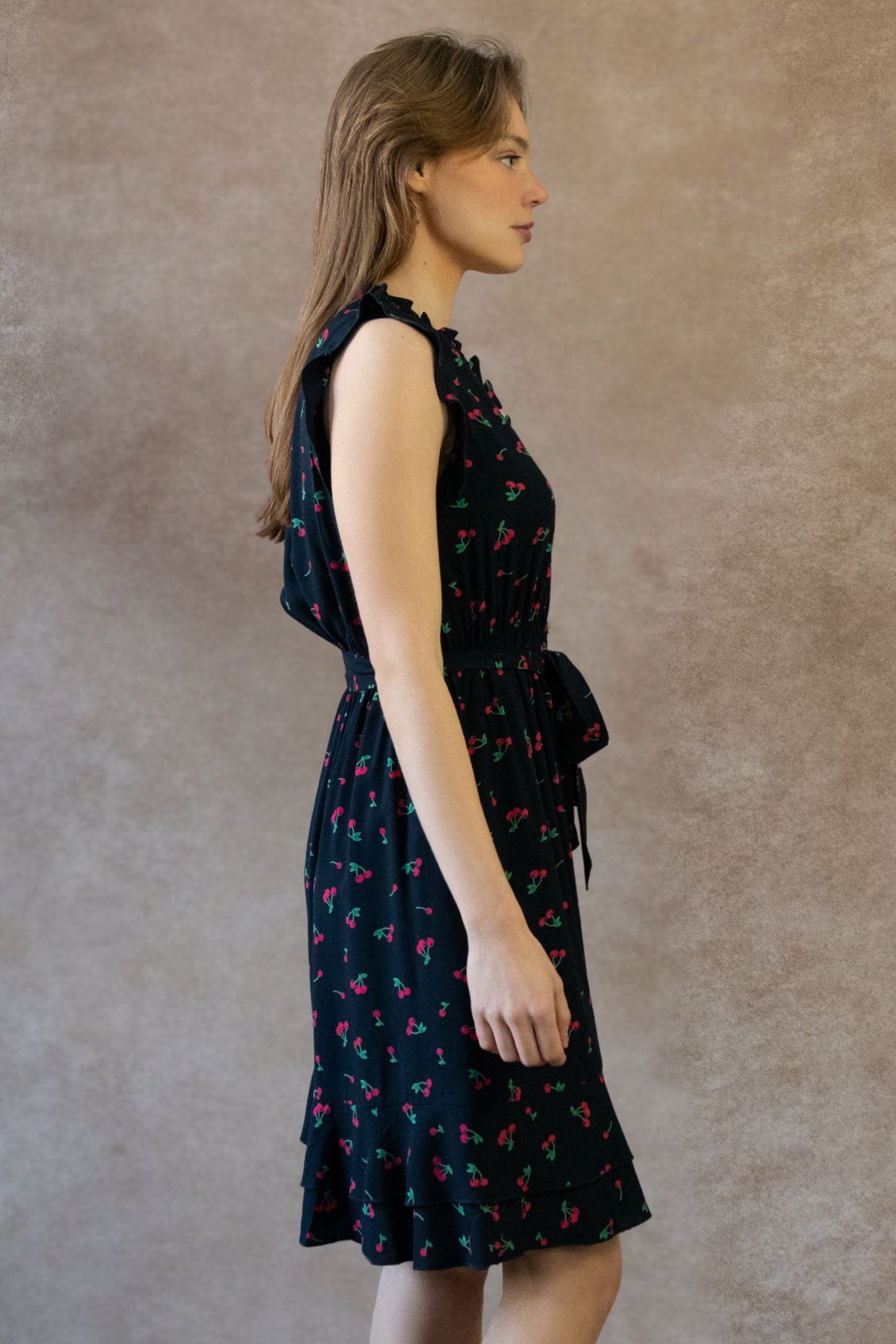 Natasha Cherry Print Short Dress Self Belt Pockets Ruffle Trim