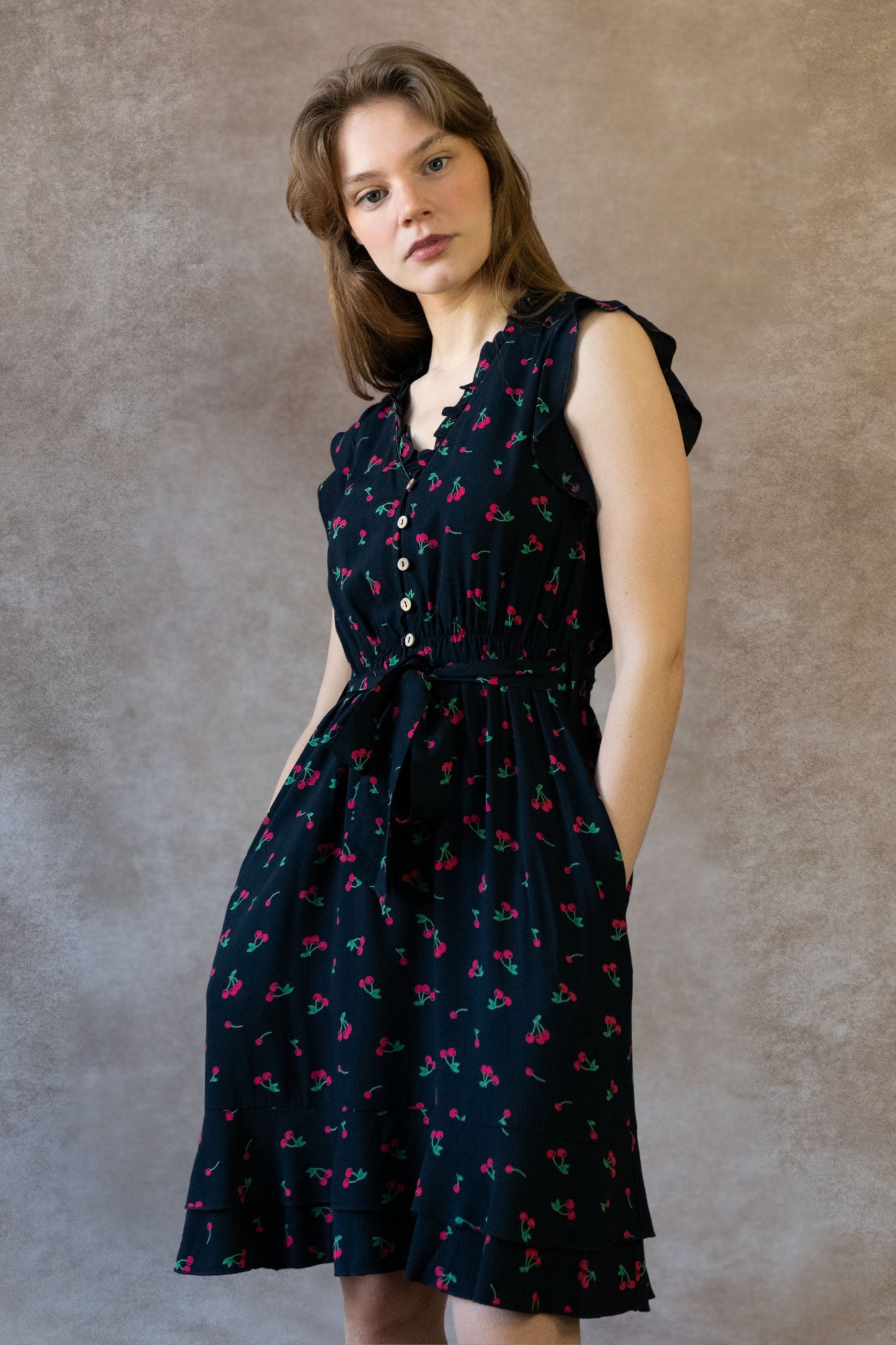 Natasha Cherry Print Short Dress Self Belt Pockets Ruffle Trim