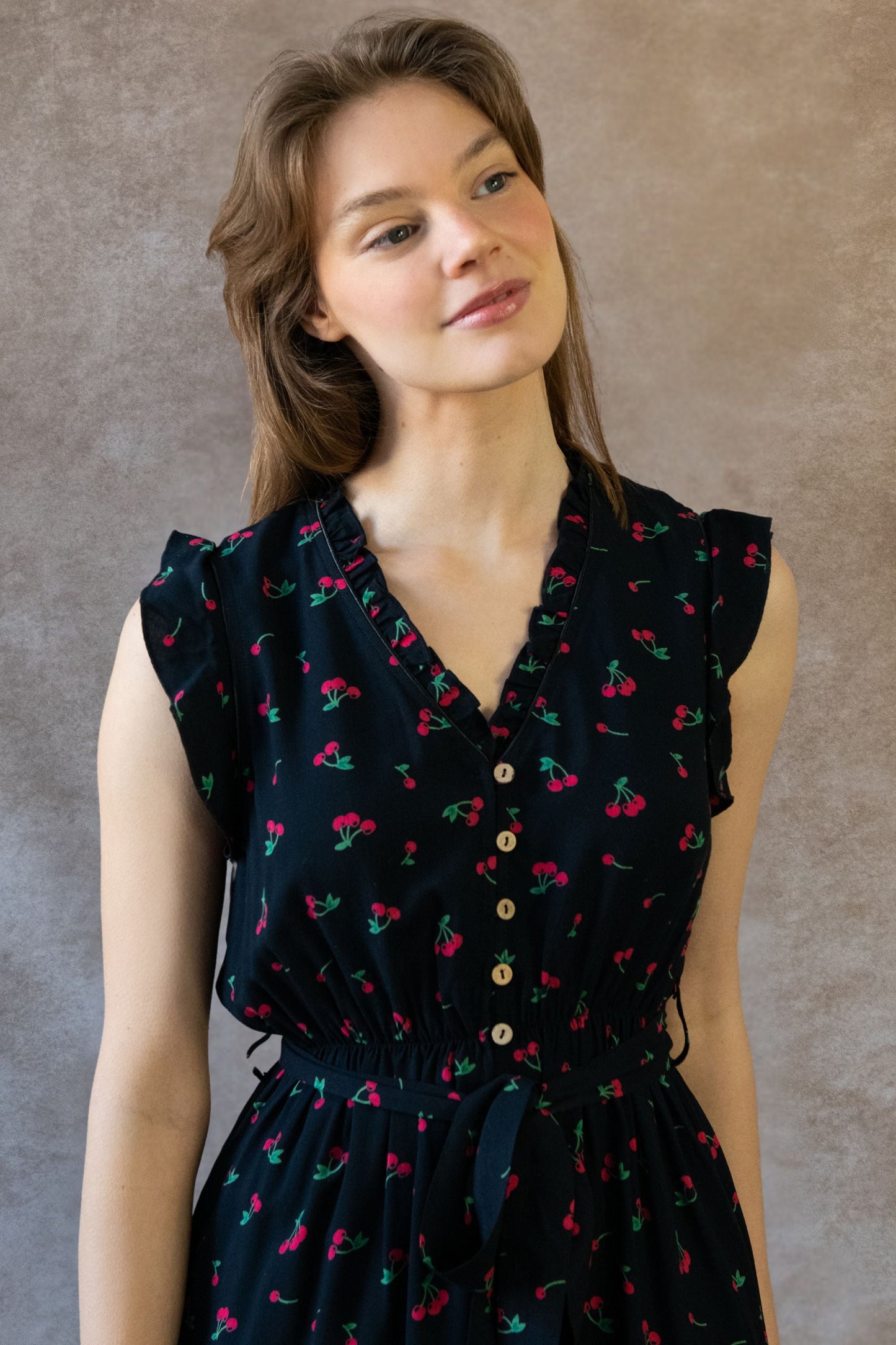 Natasha Cherry Print Short Dress Self Belt Pockets Ruffle Trim