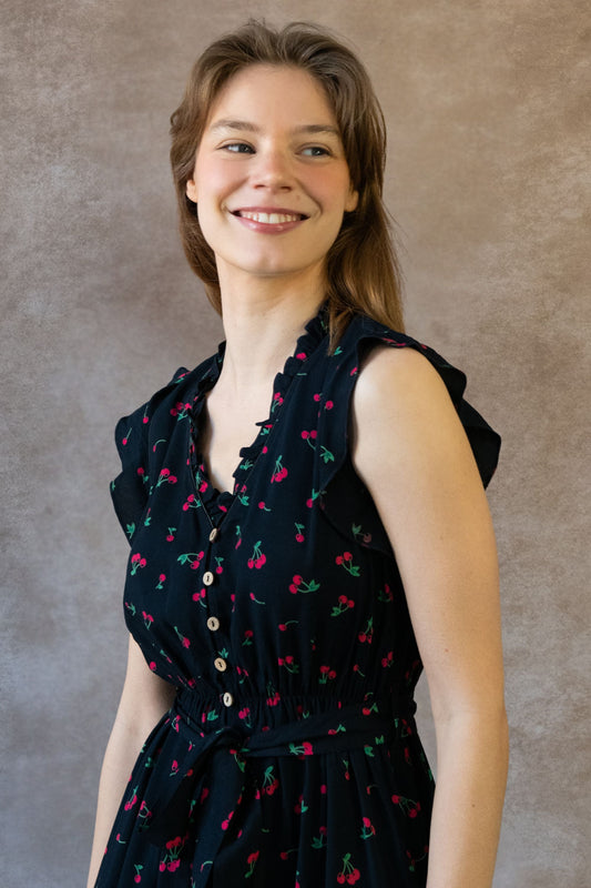 Natasha Cherry Print Short Dress Self Belt Pockets Ruffle Trim