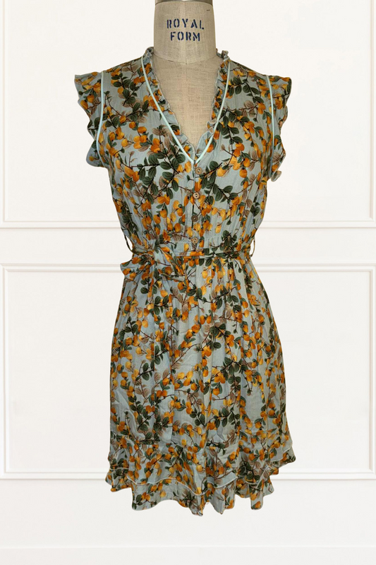 Natasha Citrus Print Short Dress Self Belt Pockets Ruffle Trim