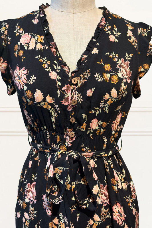 Natasha Floral Print Short Dress Self Belt Pockets Ruffle Trim