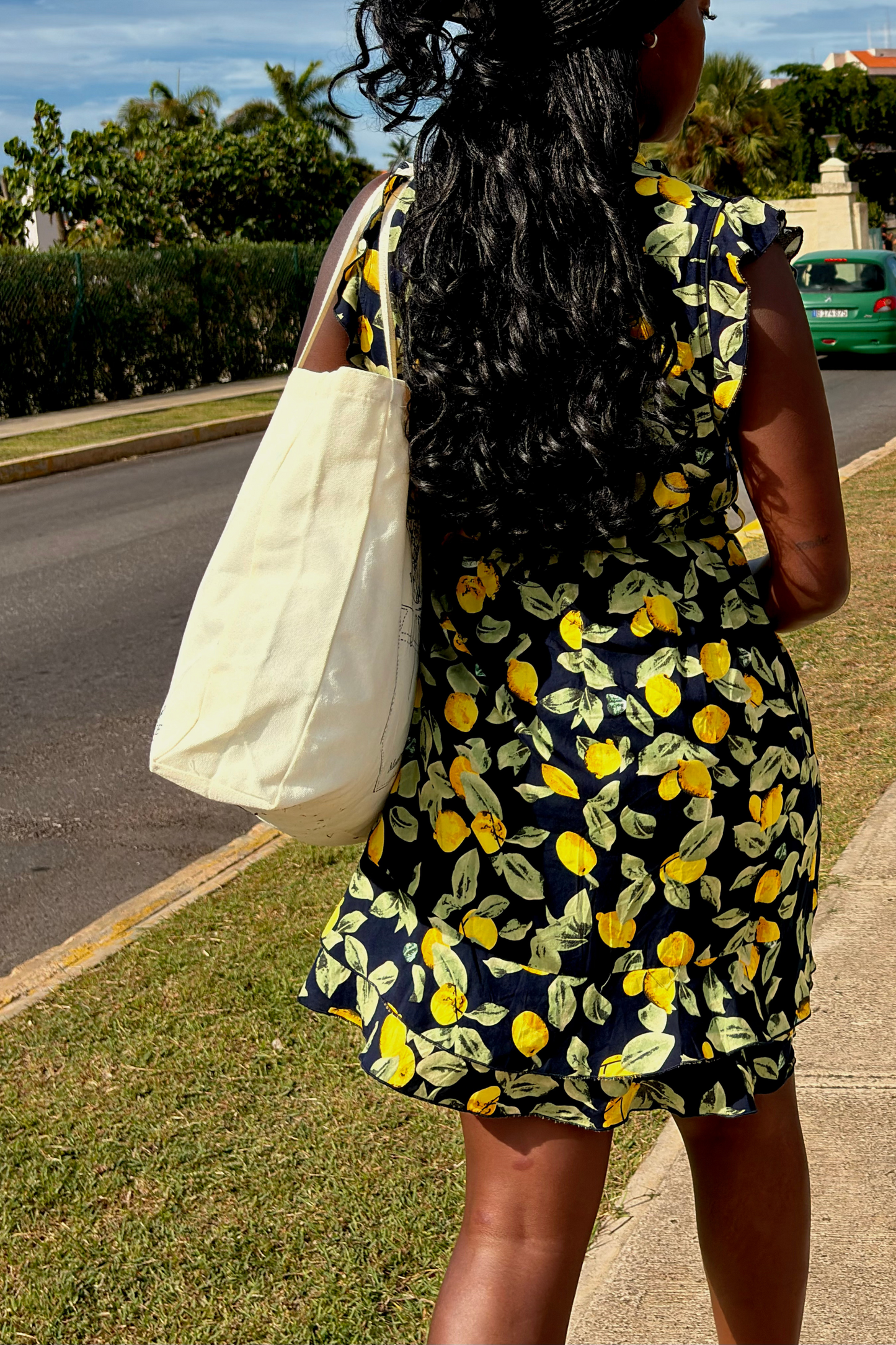 Natasha Lemon Print Short Dress Belt Pockets Ruffled Hem