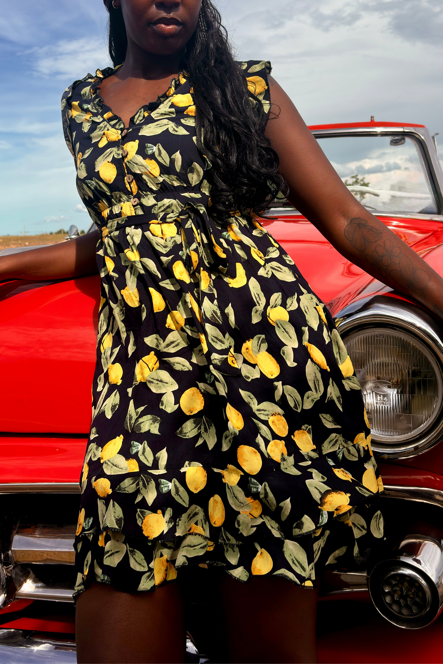 Natasha Lemon Print Short Dress Belt Pockets Ruffled Hem