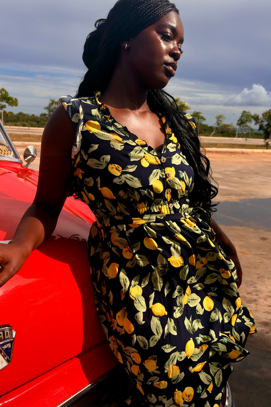 Natasha Lemon Print Short Dress Belt Pockets Ruffled Hem