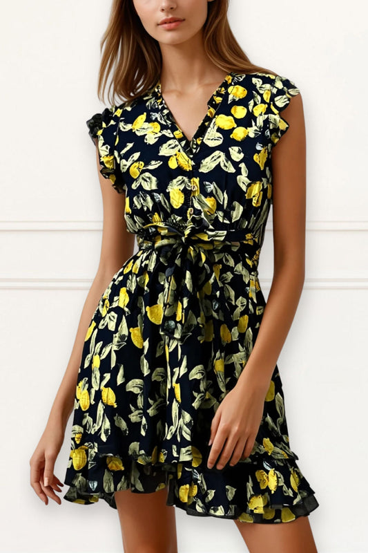 Natasha Lemon Print Short Dress Belt Pockets Ruffled Hem