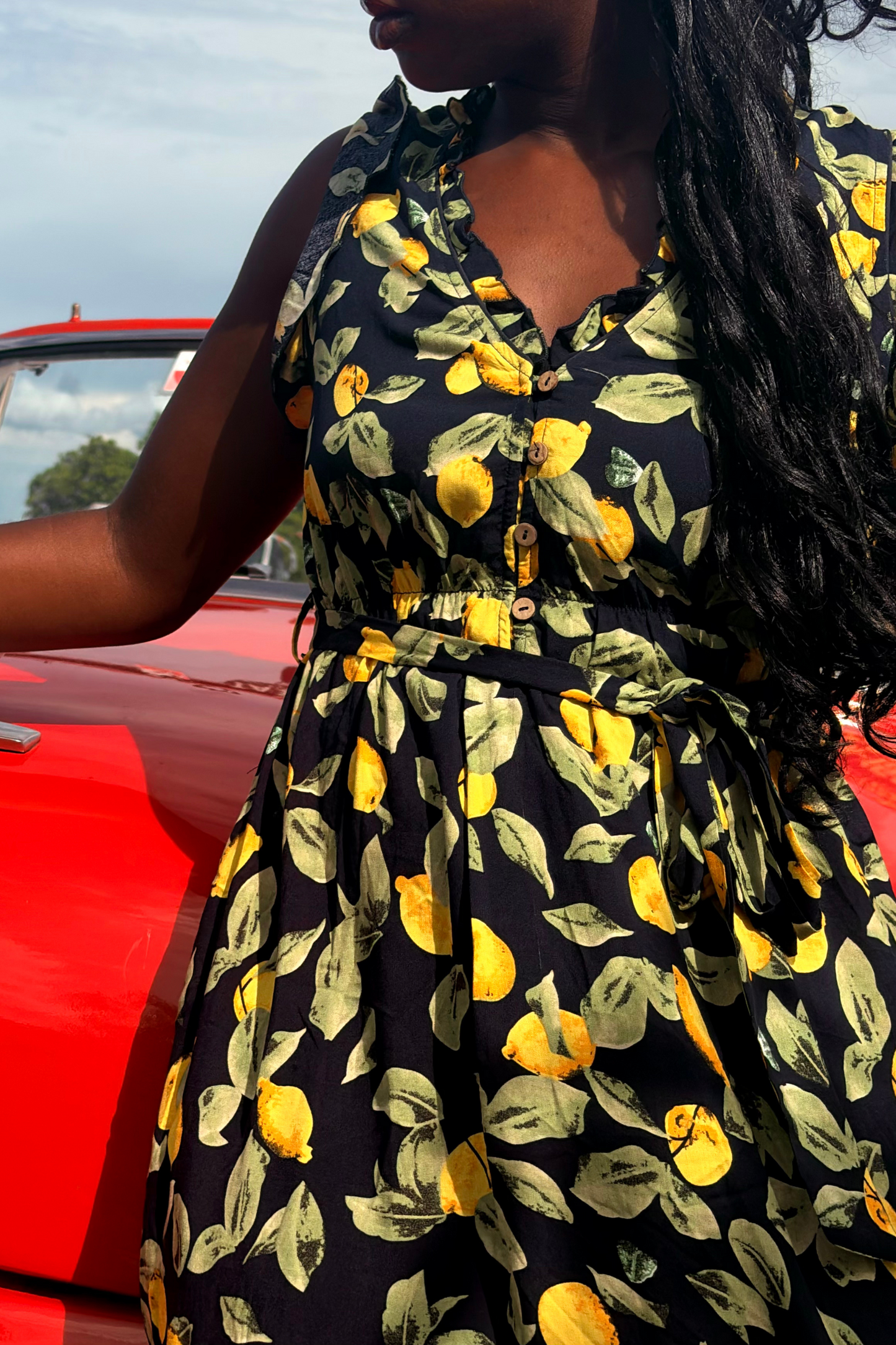 Natasha Lemon Print Short Dress Belt Pockets Ruffled Hem