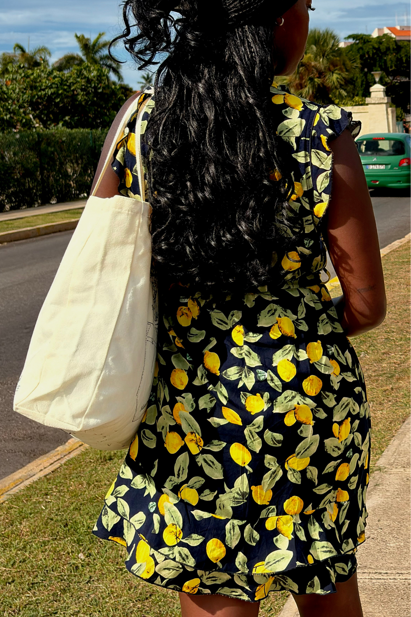 Natasha Lemon Print Short Dress Belt Pockets Ruffled Hem