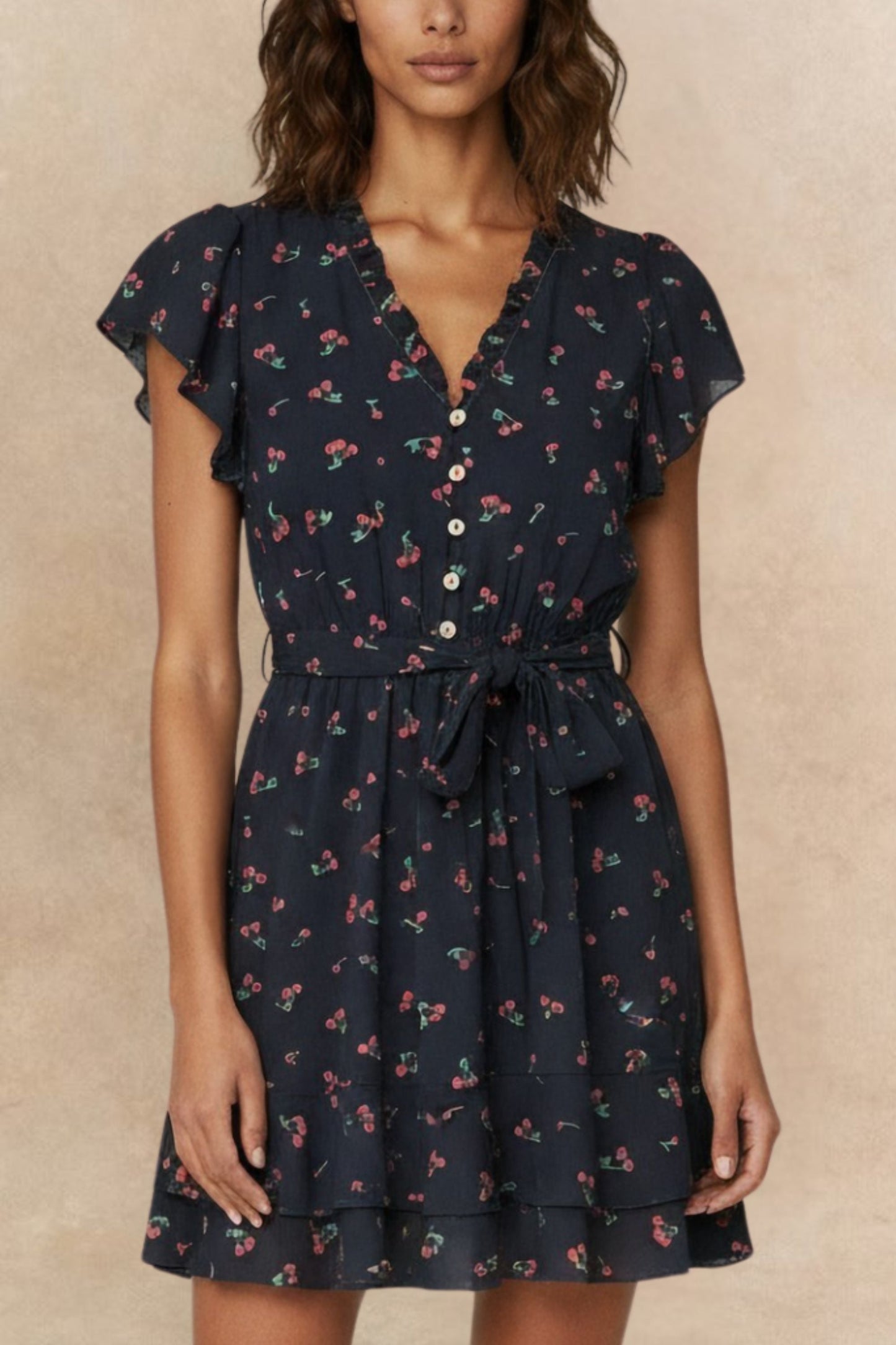 Natasha Cherry Print Short Dress Self Belt Pockets Ruffle Trim