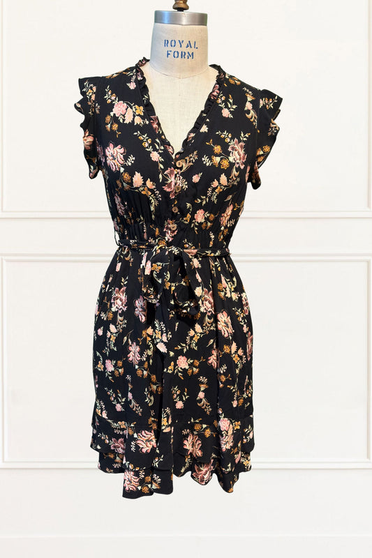 Natasha Floral Print Short Dress Self Belt Pockets Ruffle Trim