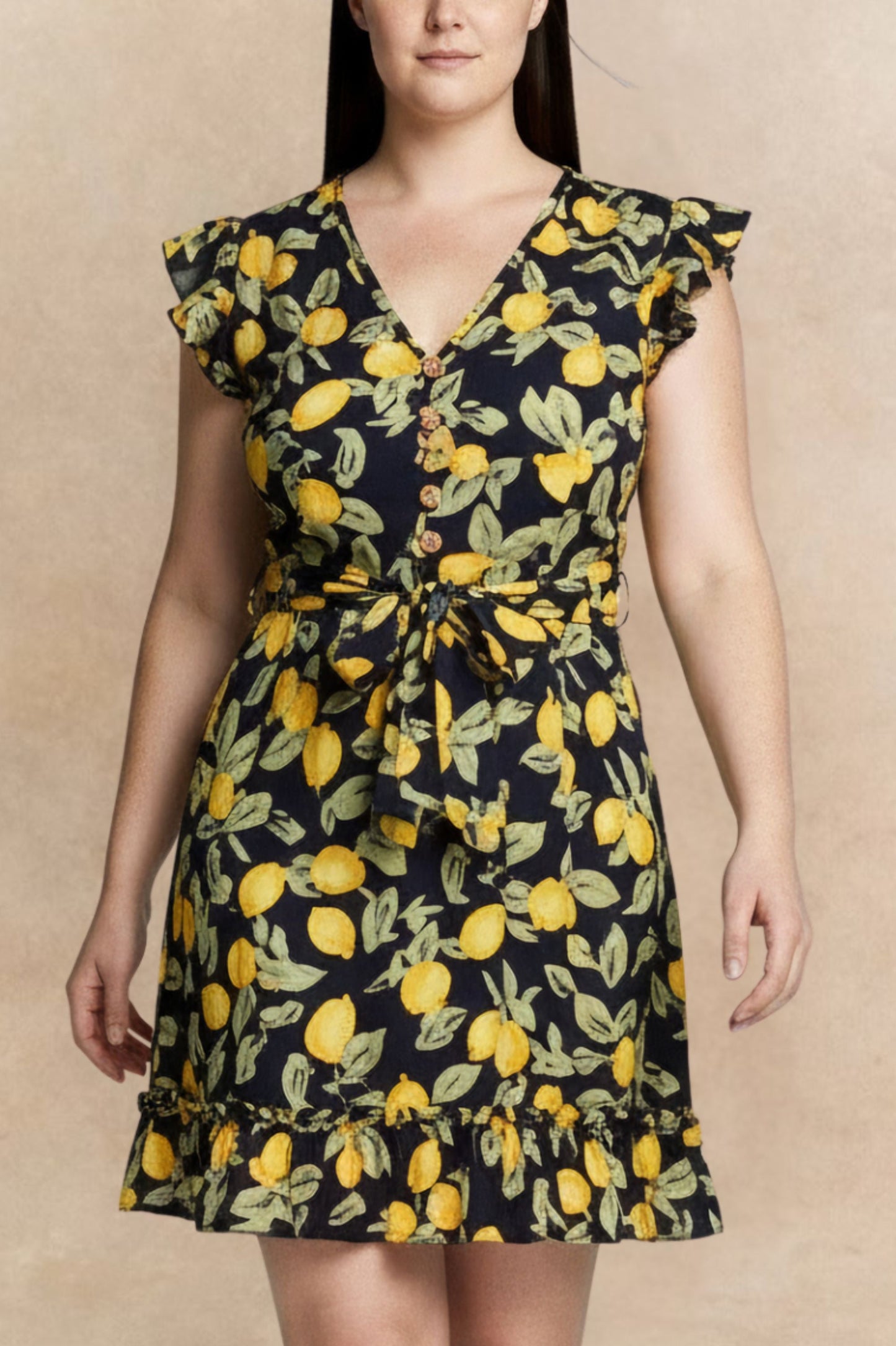 Natasha Lemon Print Short Dress Belt Pockets Ruffled Hem