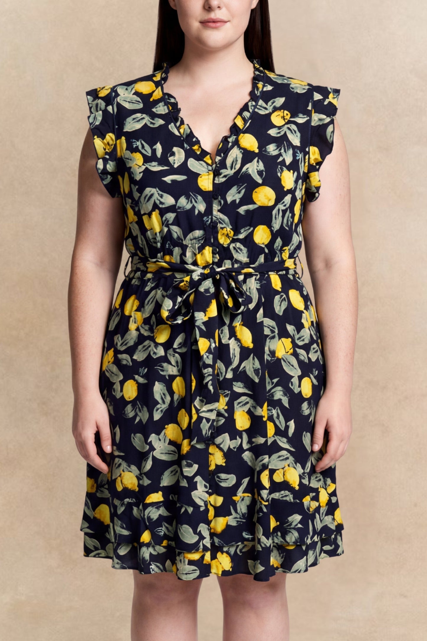 Natasha Lemon Print Short Dress Belt Pockets Ruffled Hem