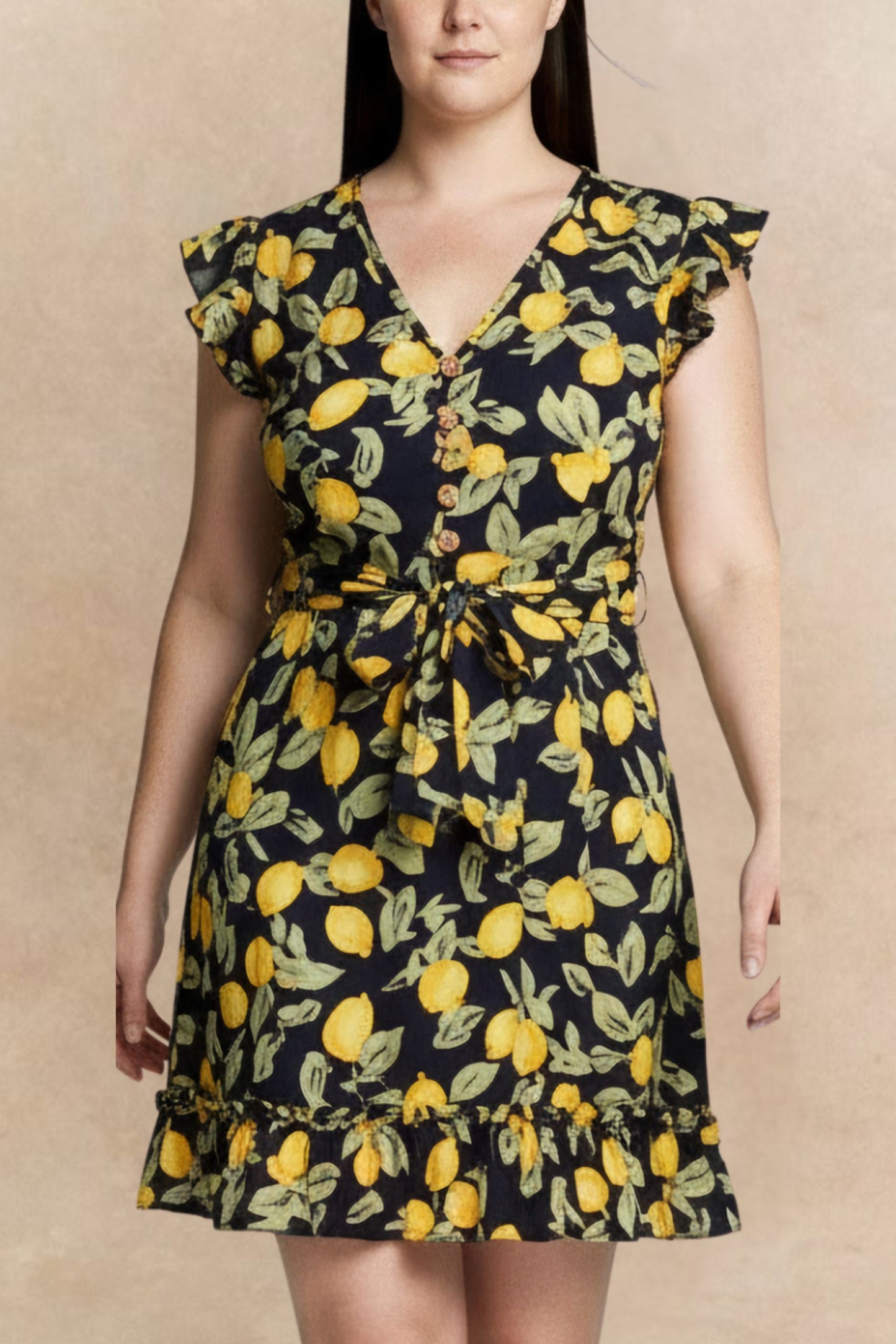 Natasha Lemon Print Short Dress Belt Pockets Ruffled Hem