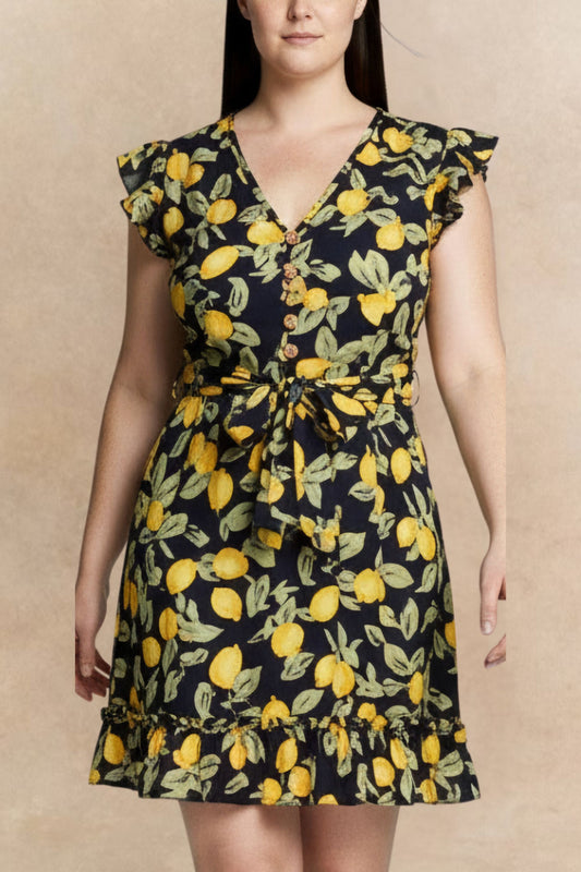Natasha Lemon Print Short Dress Belt Pockets Ruffled Hem
