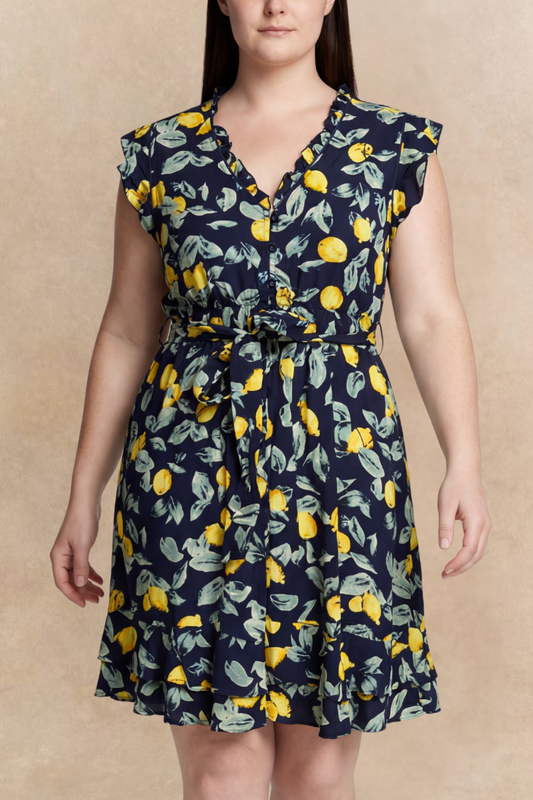 Natasha Lemon Print Short Dress Belt Pockets Ruffled Hem