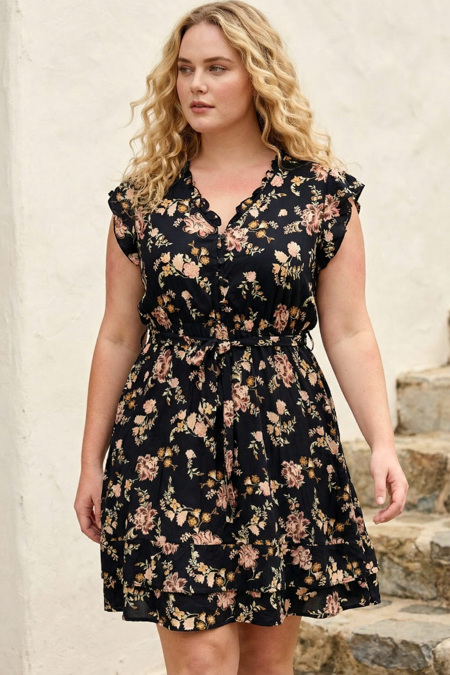 Natasha Short Floral Dress Pockets Belted Ruffle Trim