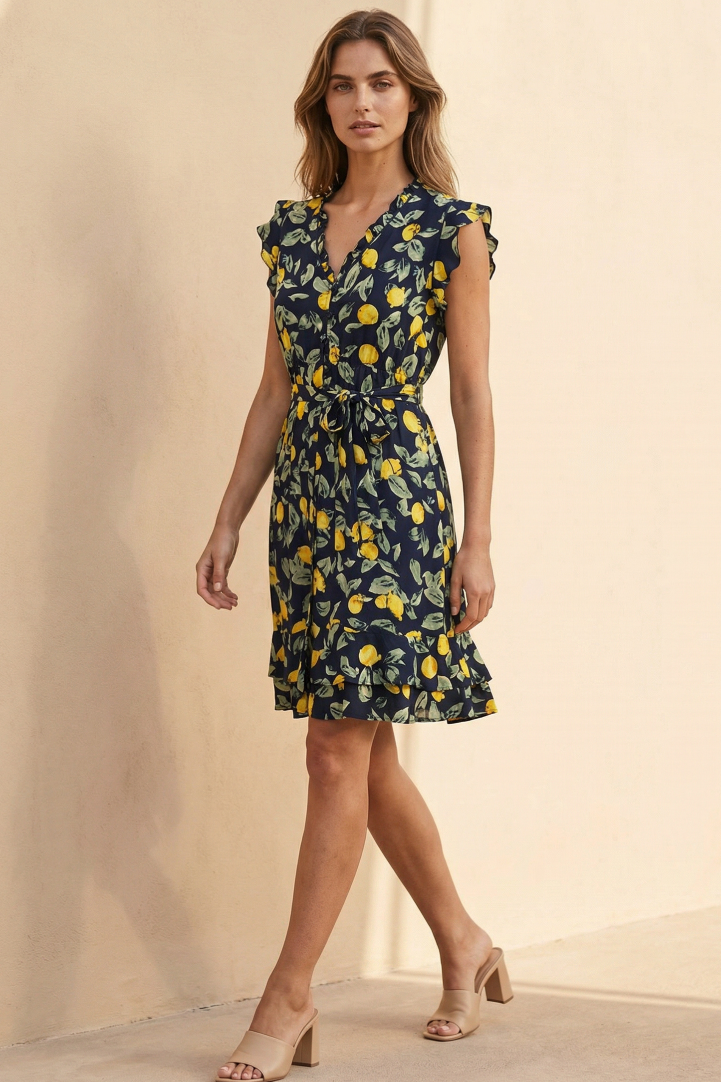 Natasha Lemon Print Short Dress Belt Pockets Ruffled Hem