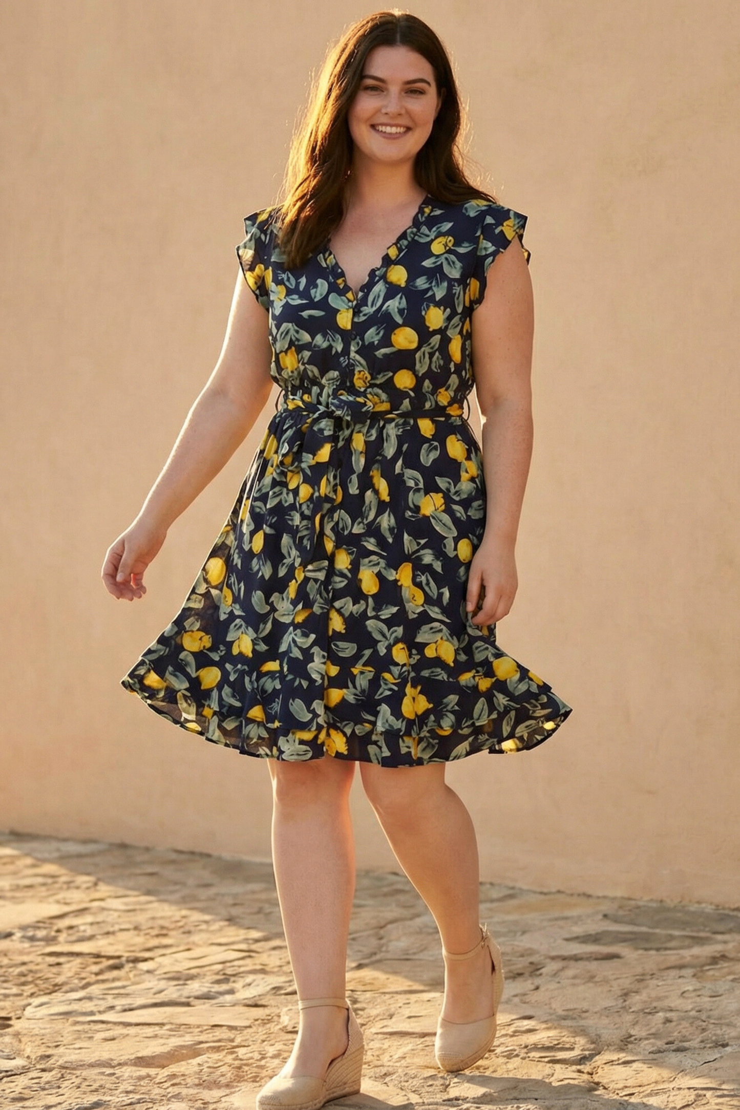 Natasha Lemon Print Short Dress Belt Pockets Ruffled Hem