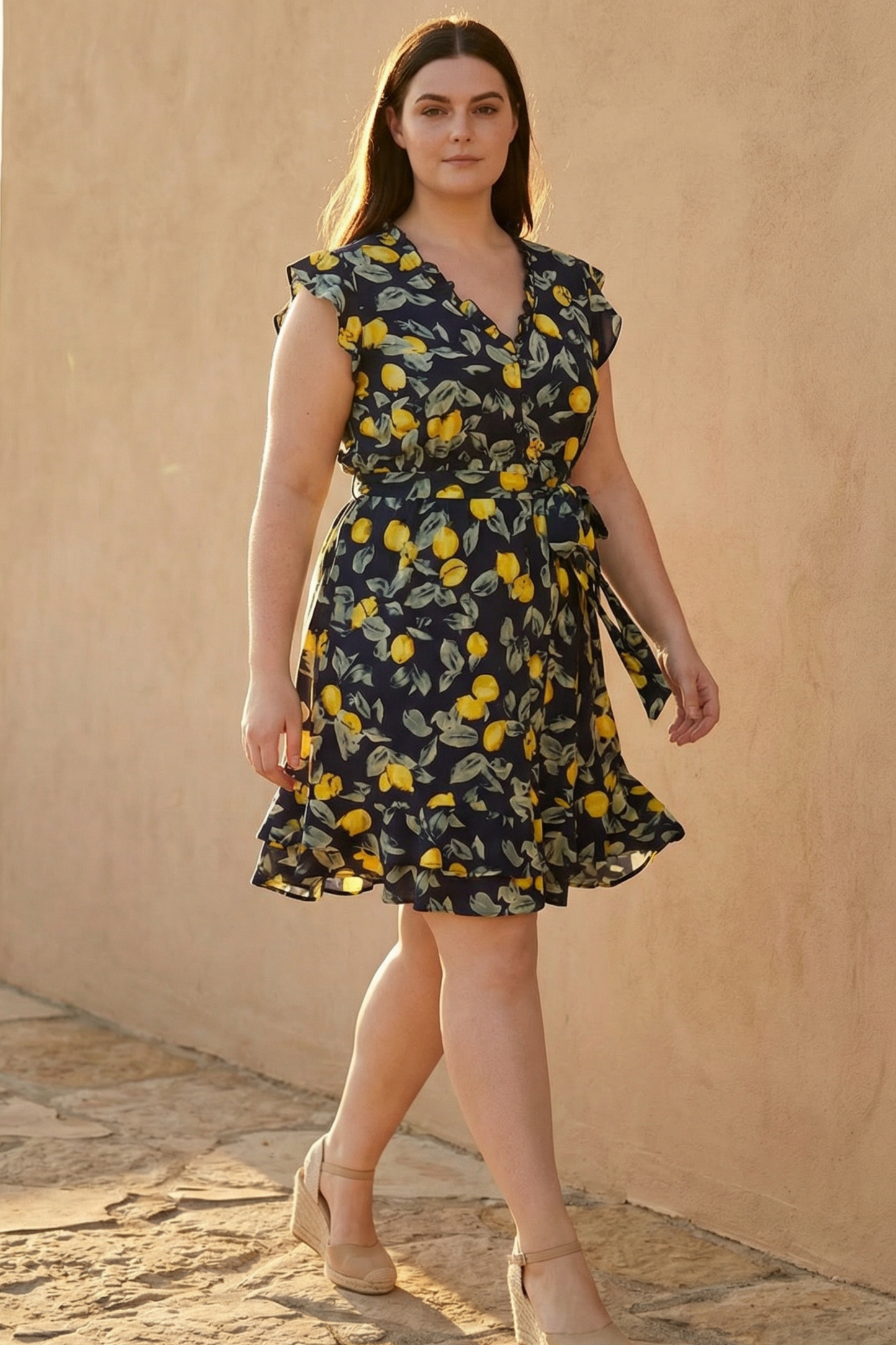 Natasha Lemon Print Short Dress Belt Pockets Ruffled Hem
