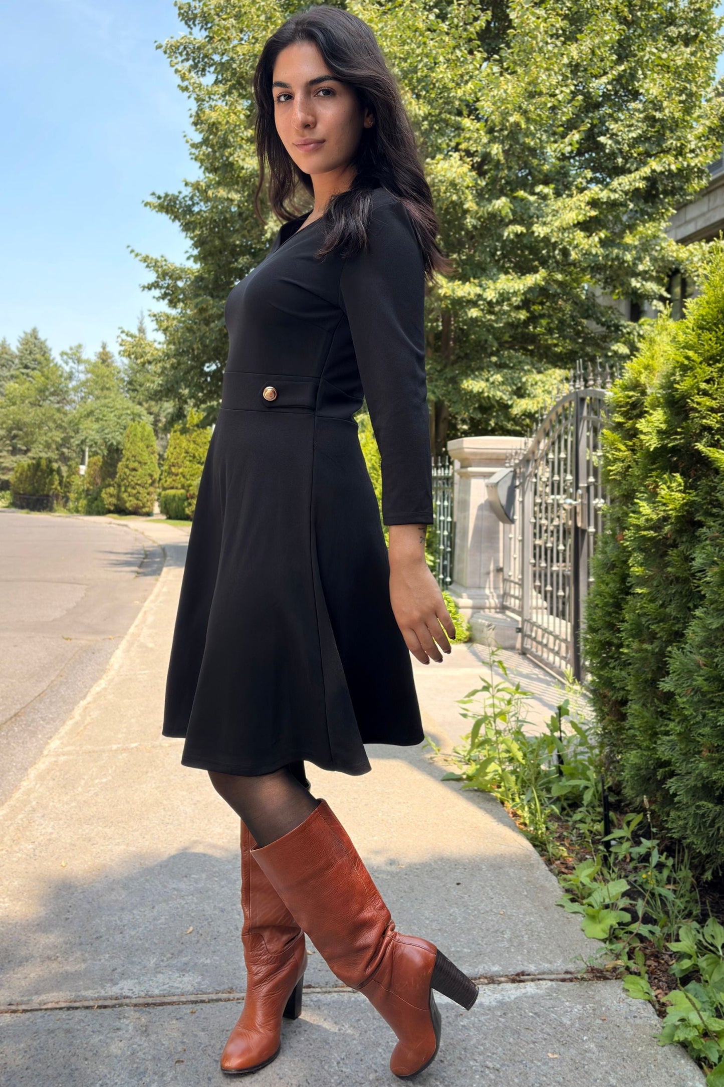 Nathalie Fit & Flare Dress Gold Buttons