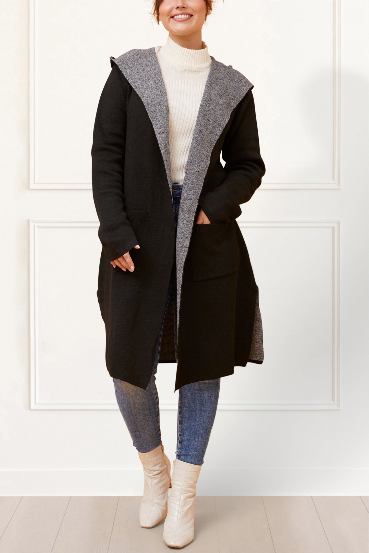 Nora Hooded Open Front Knit Cardigan - Onze Montreal Black / XS Annick